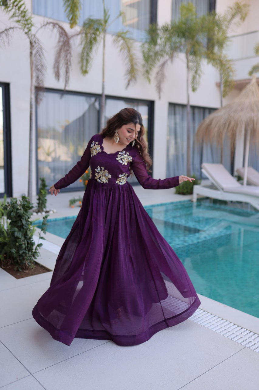 Purple Embroidered Gown with Long Sleeves ClothsVilla