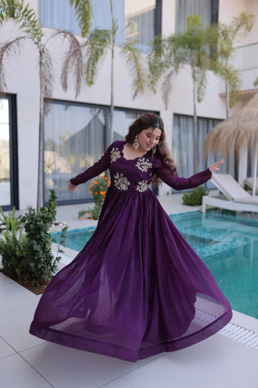 Purple Embroidered Gown with Long Sleeves ClothsVilla