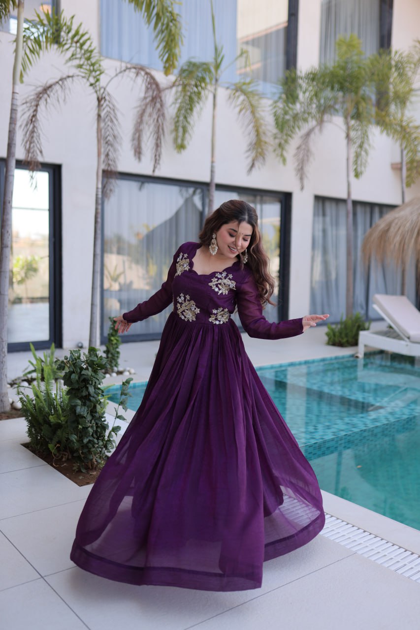 Purple Embroidered Gown with Long Sleeves ClothsVilla