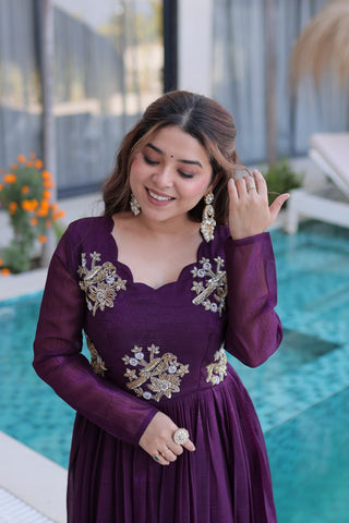 Purple Embroidered Gown with Long Sleeves ClothsVilla