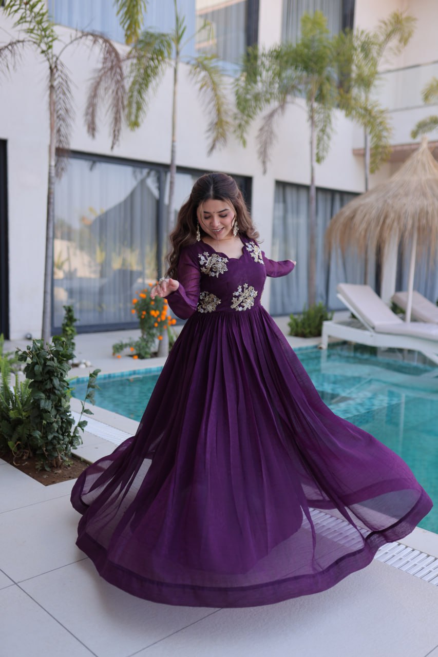 Purple Embroidered Gown with Long Sleeves ClothsVilla