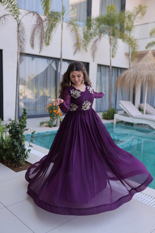 Purple Embroidered Gown with Long Sleeves ClothsVilla