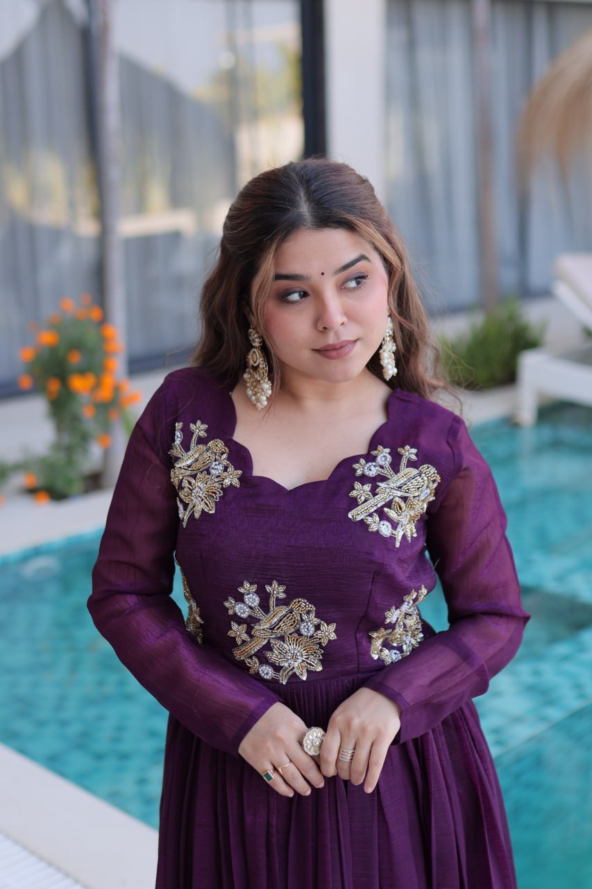 Purple Embroidered Gown with Long Sleeves ClothsVilla