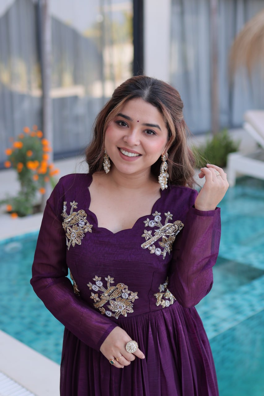 Purple Embroidered Gown with Long Sleeves ClothsVilla
