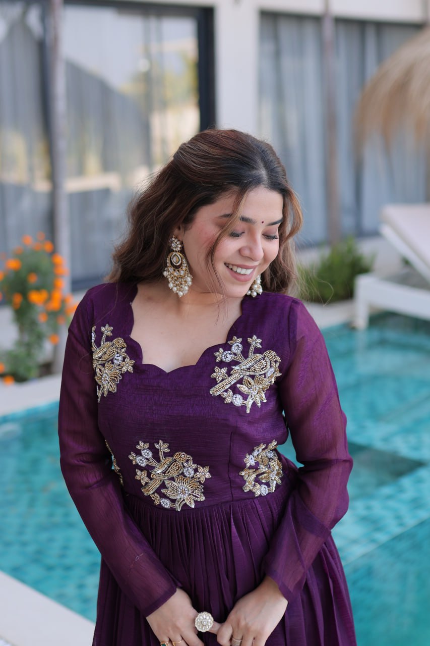 Purple Embroidered Gown with Long Sleeves ClothsVilla