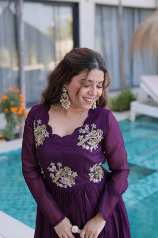 Purple Embroidered Gown with Long Sleeves ClothsVilla