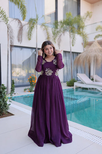 Purple Embroidered Gown with Long Sleeves ClothsVilla