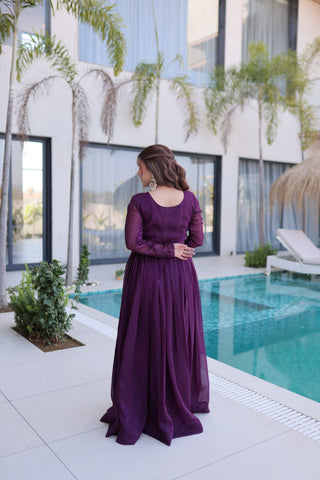 Purple Embroidered Gown with Long Sleeves ClothsVilla
