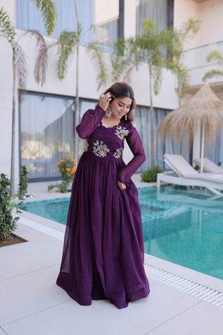 Purple Embroidered Gown with Long Sleeves ClothsVilla