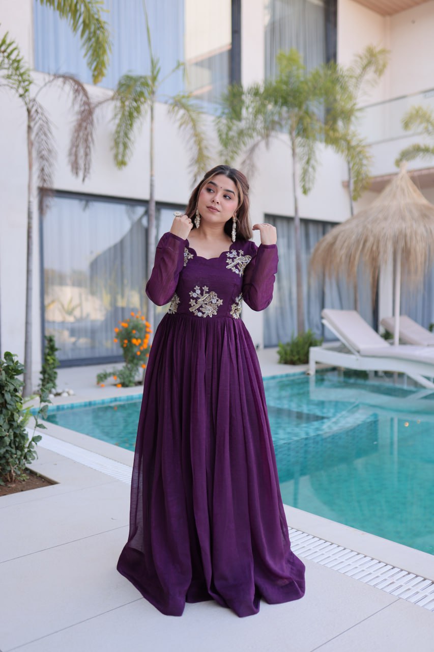 Purple Embroidered Gown with Long Sleeves ClothsVilla