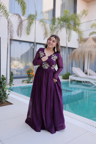 Purple Embroidered Gown with Long Sleeves ClothsVilla