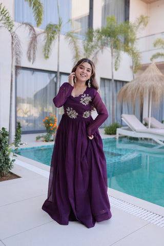 Purple Embroidered Gown with Long Sleeves ClothsVilla