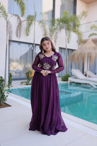Purple Embroidered Gown with Long Sleeves ClothsVilla