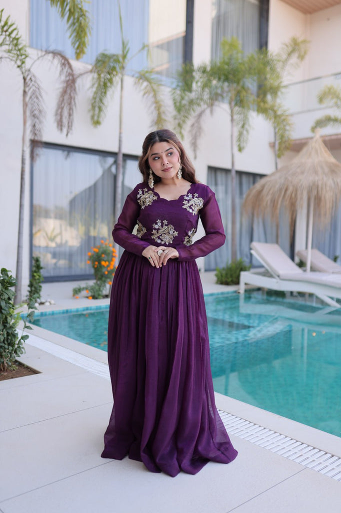Purple Embroidered Gown with Long Sleeves ClothsVilla