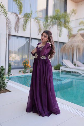 Purple Embroidered Gown with Long Sleeves ClothsVilla