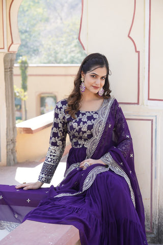 Faux Blooming Purple Embroidered Gown with Viscose Jacquard & Dupatta ClothsVilla