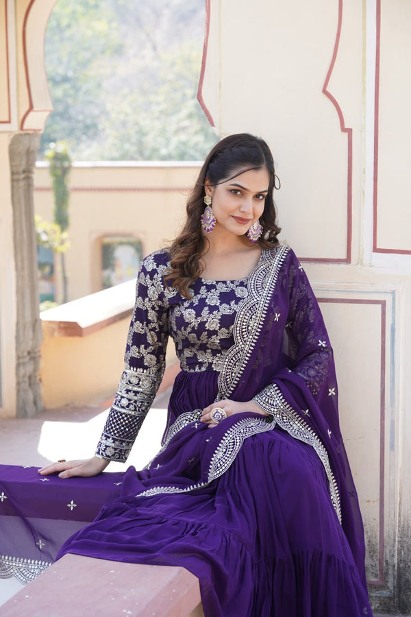 Faux Blooming Purple Embroidered Gown with Viscose Jacquard & Dupatta ClothsVilla