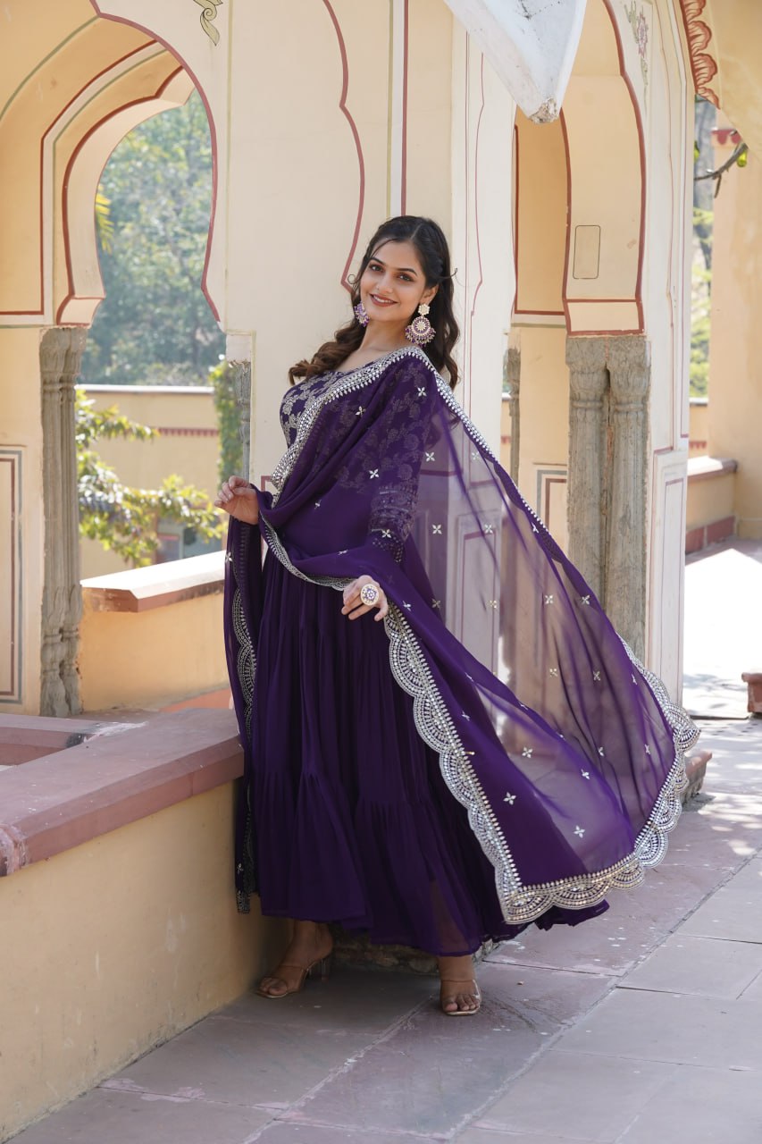 Faux Blooming Purple Embroidered Gown with Viscose Jacquard & Dupatta ClothsVilla