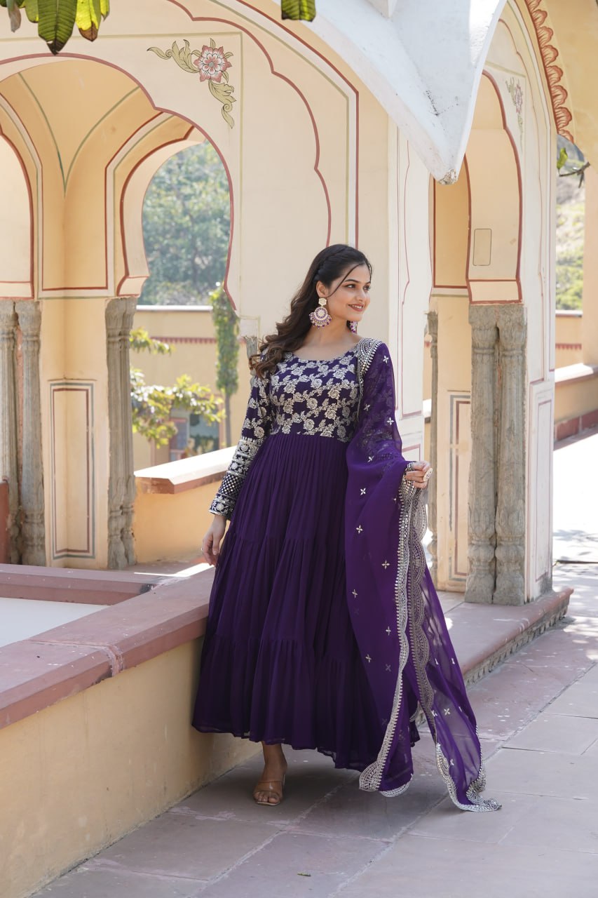 Faux Blooming Purple Embroidered Gown with Viscose Jacquard & Dupatta ClothsVilla
