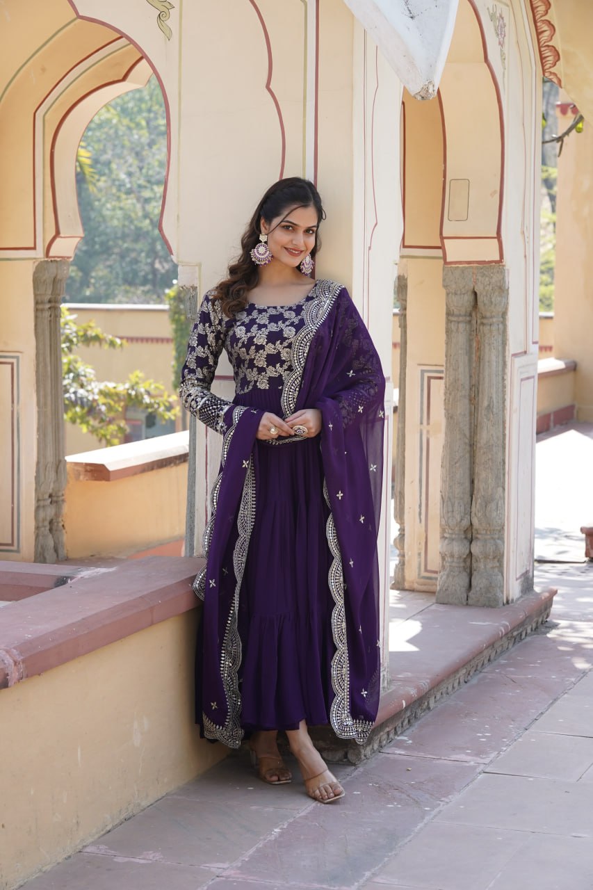 Faux Blooming Purple Embroidered Gown with Viscose Jacquard & Dupatta ClothsVilla Main image