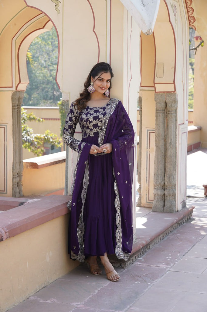 Faux Blooming Purple Embroidered Gown with Viscose Jacquard & Dupatta ClothsVilla