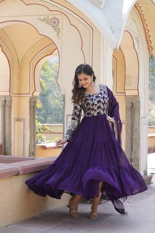 Faux Blooming Purple Embroidered Gown with Viscose Jacquard & Dupatta ClothsVilla