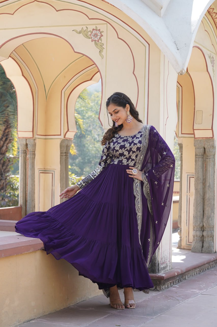 Faux Blooming Purple Embroidered Gown with Viscose Jacquard & Dupatta ClothsVilla