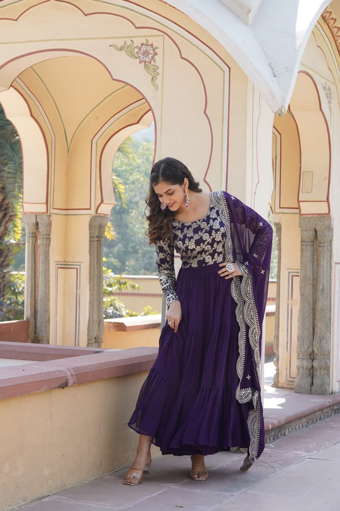 Faux Blooming Purple Embroidered Gown with Viscose Jacquard & Dupatta ClothsVilla