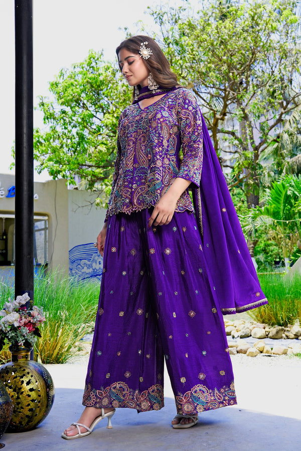 Purple Embroidered Kurta Palazzo Set ClothsVilla