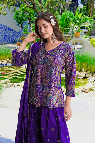 Purple Embroidered Kurta Palazzo Set ClothsVilla