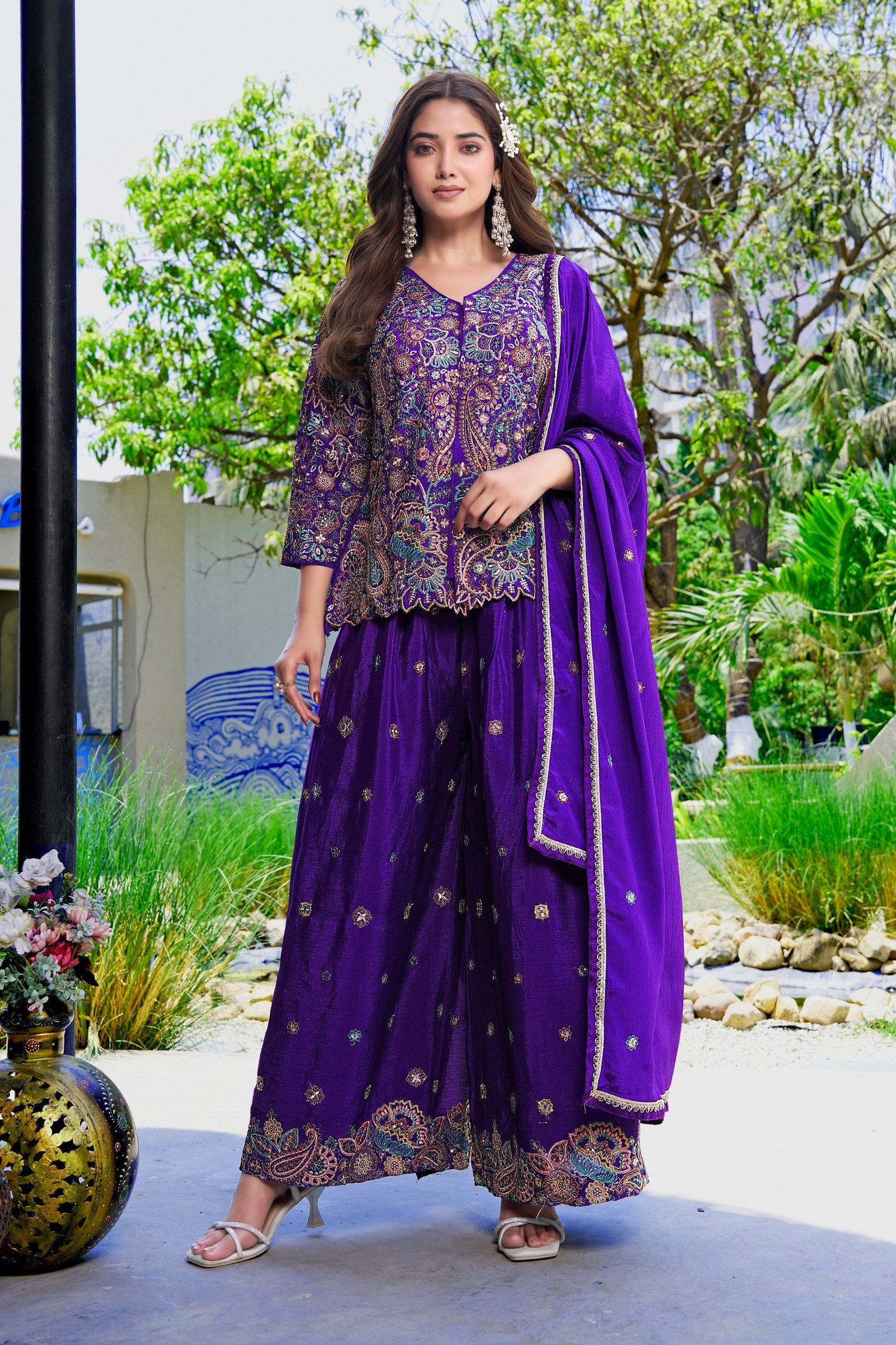 Purple Embroidered Kurta Palazzo Set ClothsVilla