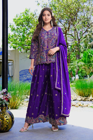 Purple Embroidered Kurta Palazzo Set ClothsVilla