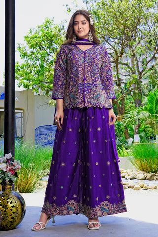 Purple Embroidered Kurta Palazzo Set ClothsVilla