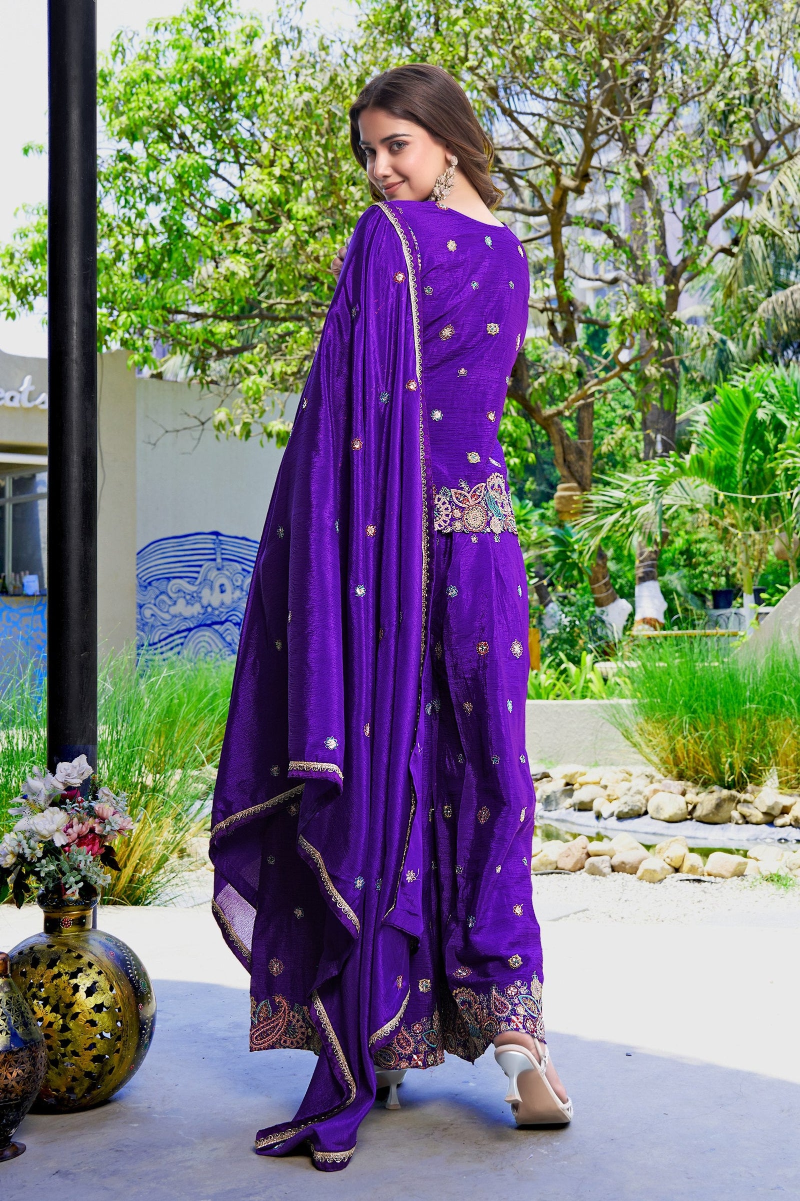 Purple Embroidered Kurta Palazzo Set ClothsVilla