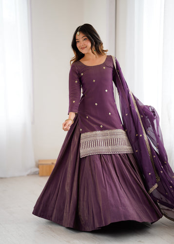 Purple Embroidered Kurta with Flared Lehenga ClothsVilla