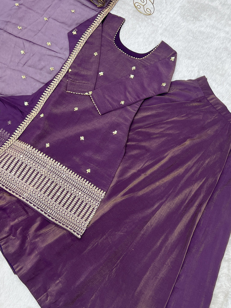 Purple Embroidered Kurta with Flared Lehenga ClothsVilla
