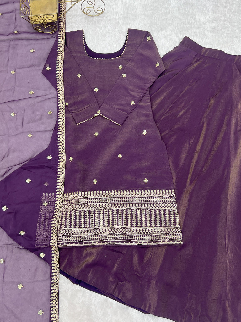 Purple Embroidered Kurta with Flared Lehenga ClothsVilla