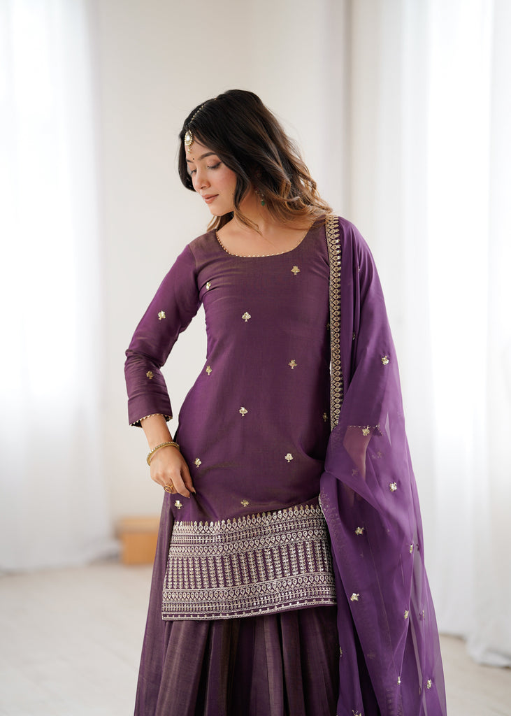 Purple Embroidered Kurta with Flared Lehenga ClothsVilla