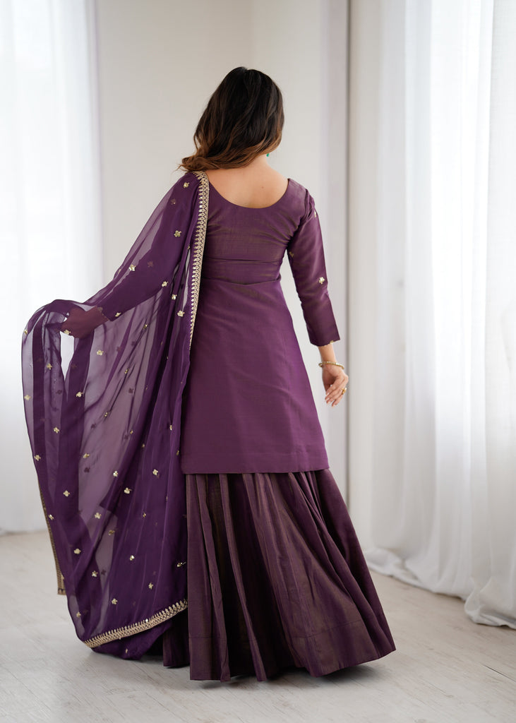 Purple Embroidered Kurta with Flared Lehenga ClothsVilla