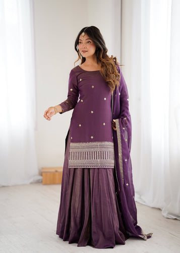 Purple Embroidered Kurta with Flared Lehenga ClothsVilla