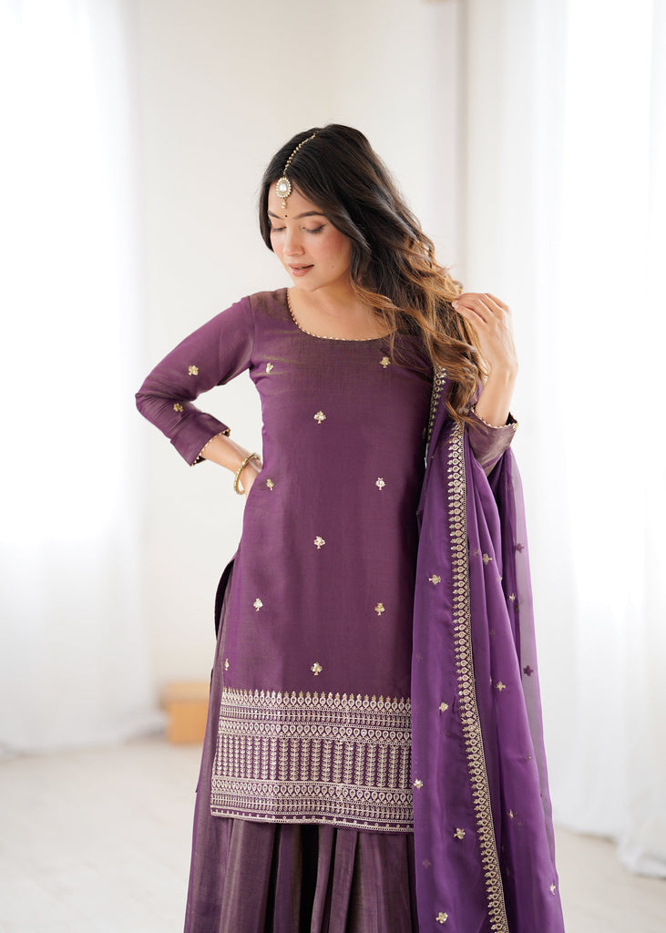 Purple Embroidered Kurta with Flared Lehenga ClothsVilla