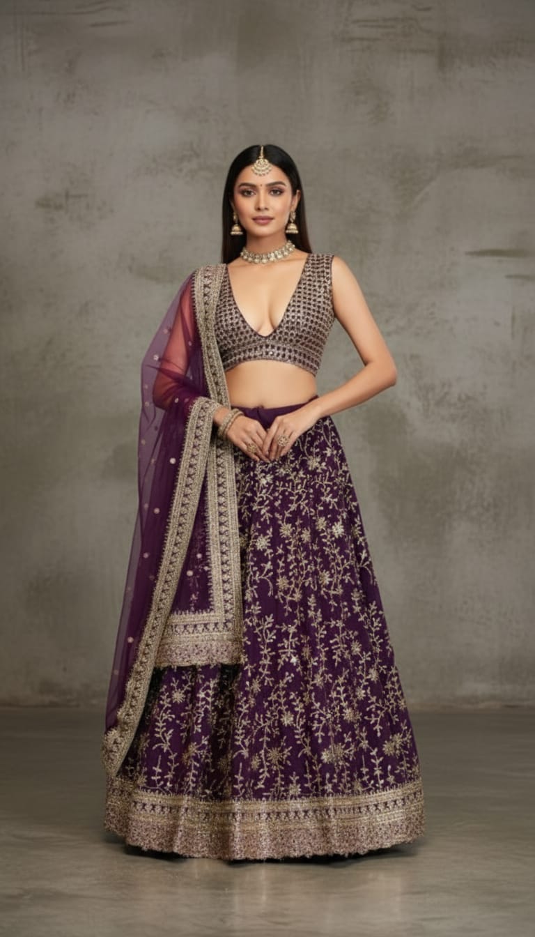 Purple Embroidered Lehenga Choli Set Main image