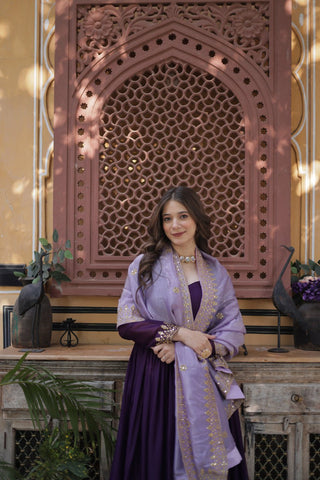 Purple Embroidered Star Georgette Gown with Gold Crush Sequins Dupatta ClothsVilla