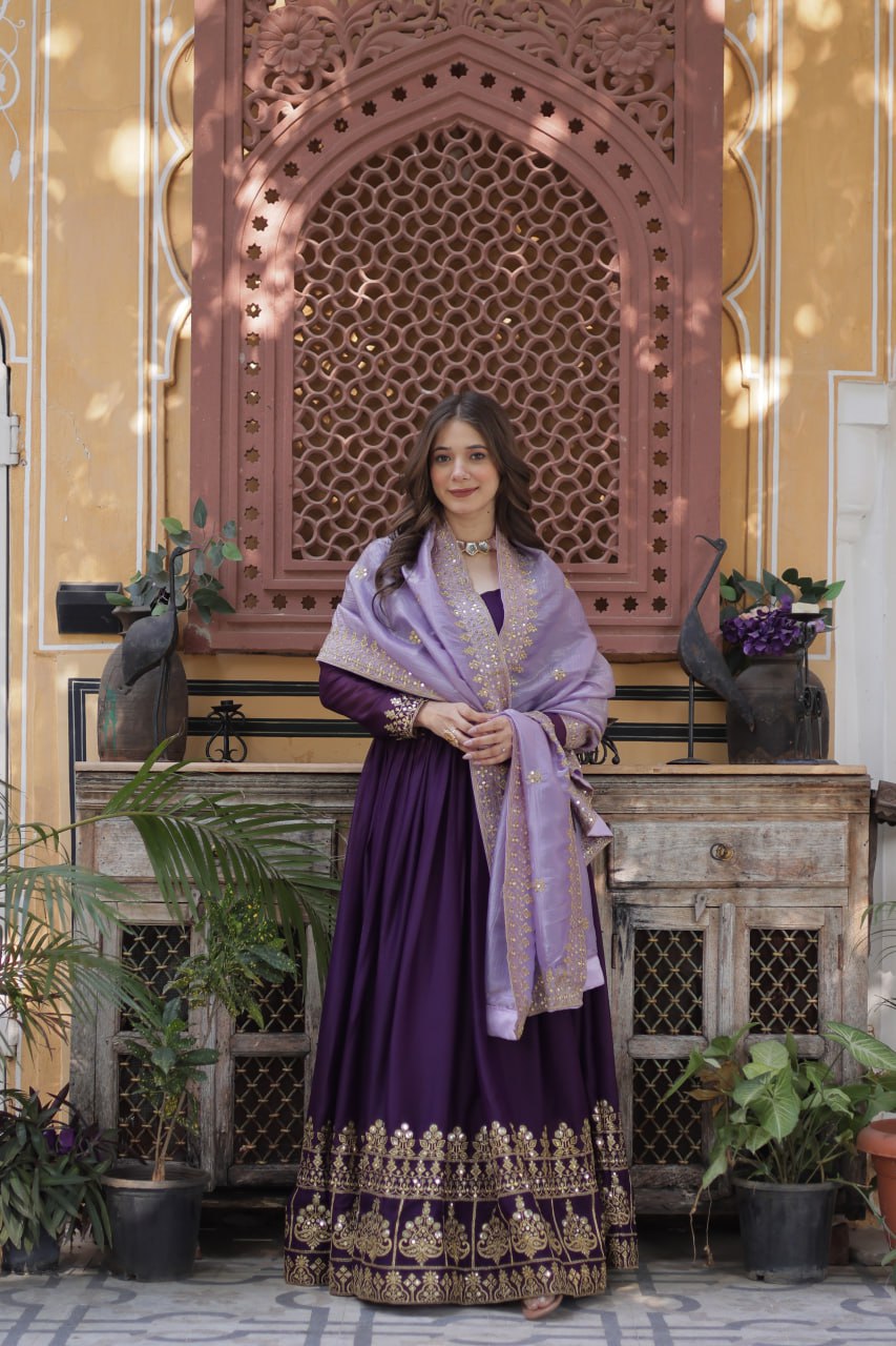 Purple Embroidered Star Georgette Gown with Gold Crush Sequins Dupatta ClothsVilla