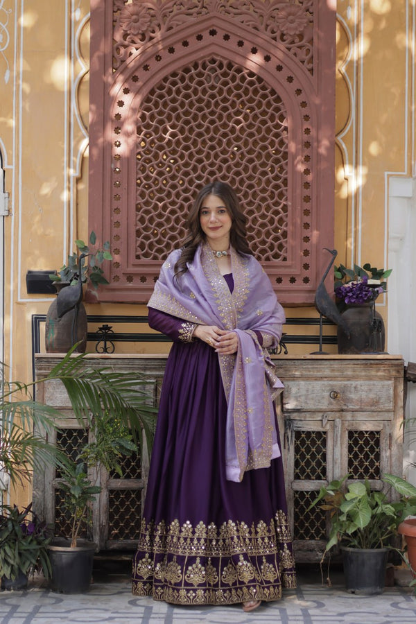 Purple Embroidered Star Georgette Gown with Gold Crush Sequins Dupatta ClothsVilla