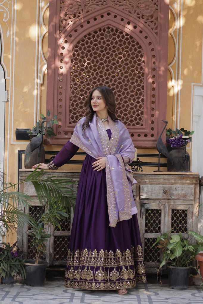 Purple Embroidered Star Georgette Gown with Gold Crush Sequins Dupatta ClothsVilla
