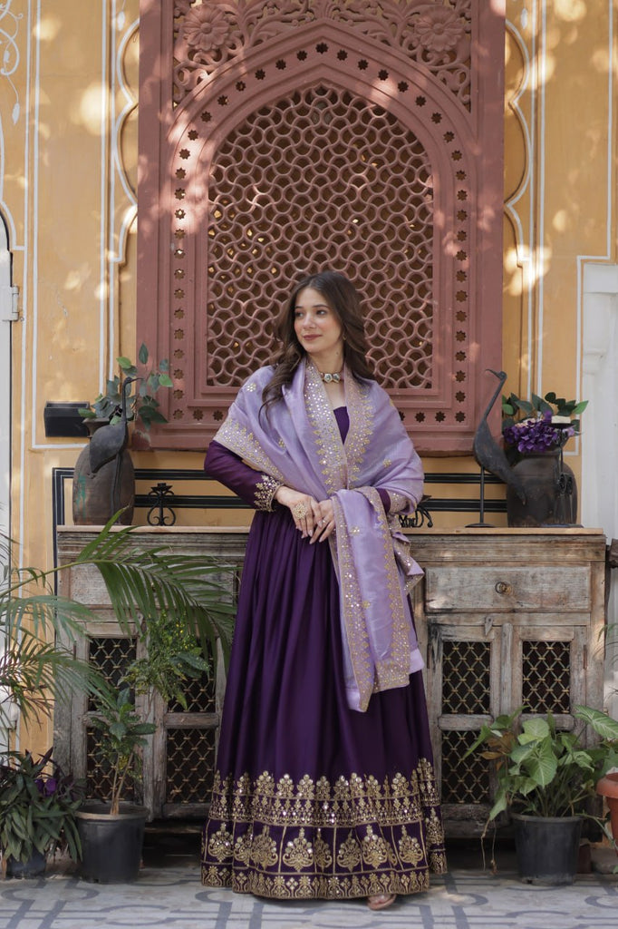 Purple Embroidered Star Georgette Gown with Gold Crush Sequins Dupatta ClothsVilla