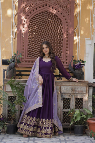 Purple Embroidered Star Georgette Gown with Gold Crush Sequins Dupatta ClothsVilla