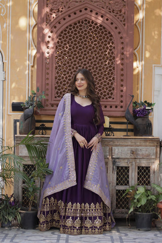 Purple Embroidered Star Georgette Gown with Gold Crush Sequins Dupatta ClothsVilla