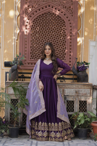 Purple Embroidered Star Georgette Gown with Gold Crush Sequins Dupatta ClothsVilla